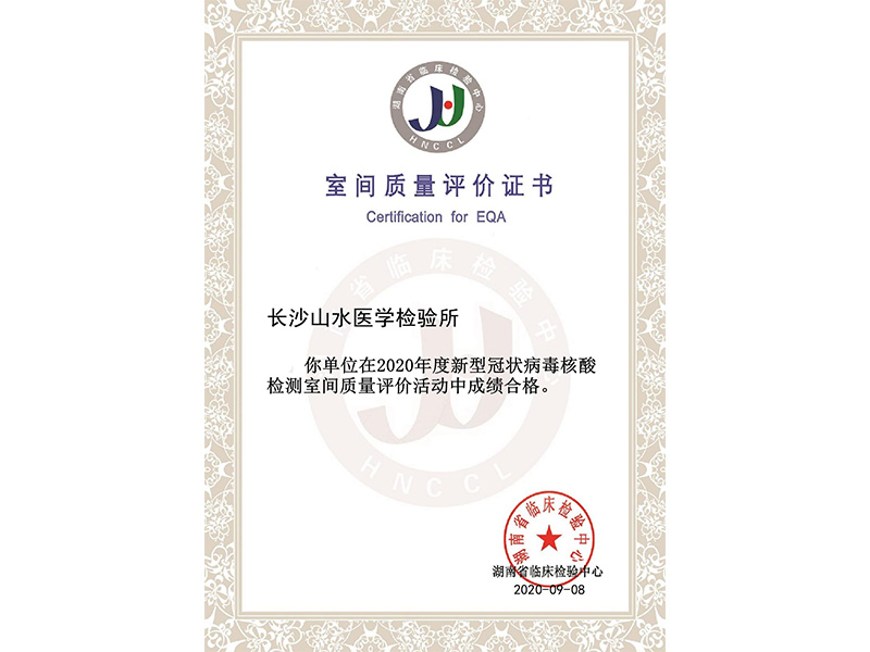 湖南省臨床檢驗(yàn)中心新冠病毒核酸檢測(cè)室間質(zhì)評(píng)合格證書(shū)